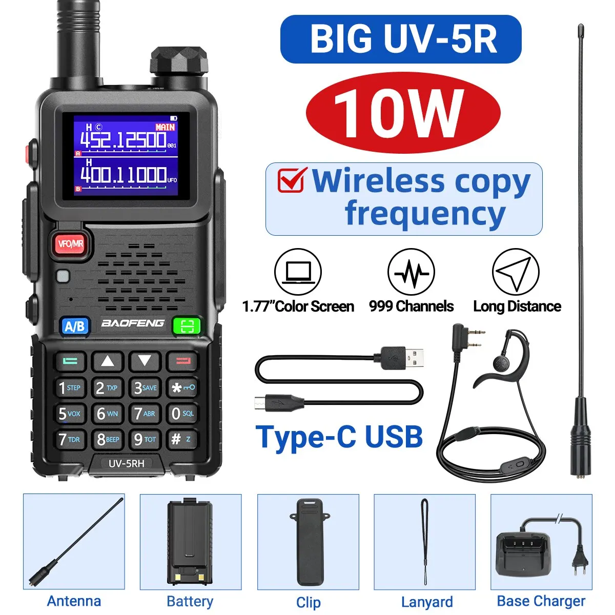 Baofeng UV 5RH 10W Volledige banden Walkie Talkie Draadloze kopieerfrequentie Type-C Oplader Verbeterde UV 5R Transceiver Ham Tweerichtingsradio