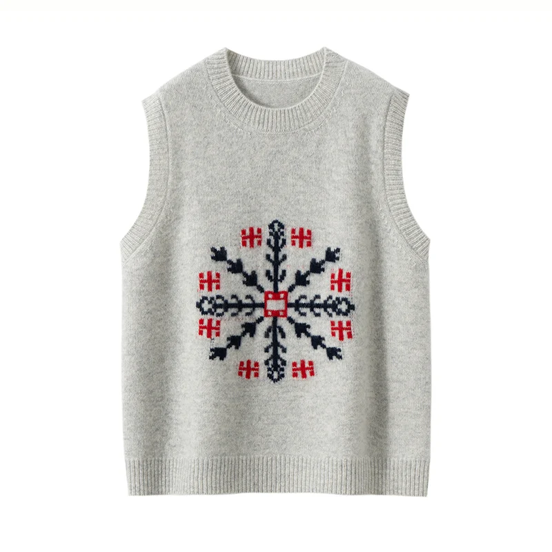 2025 Autumn Winter Women's 100% Cashmere Sweater O-neck Snow Jacquard Waistcoat Sleeveless Pullover Cashmere Knitwear New Chic
