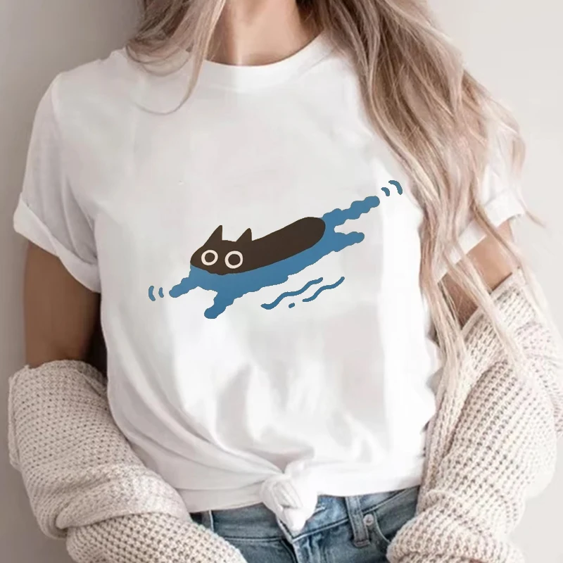 

Женская футболка в стиле Харадзюку с принтом «Черная кошка, плавающая» на плече, с коротким рукавом, повседневная, в стиле Y2K