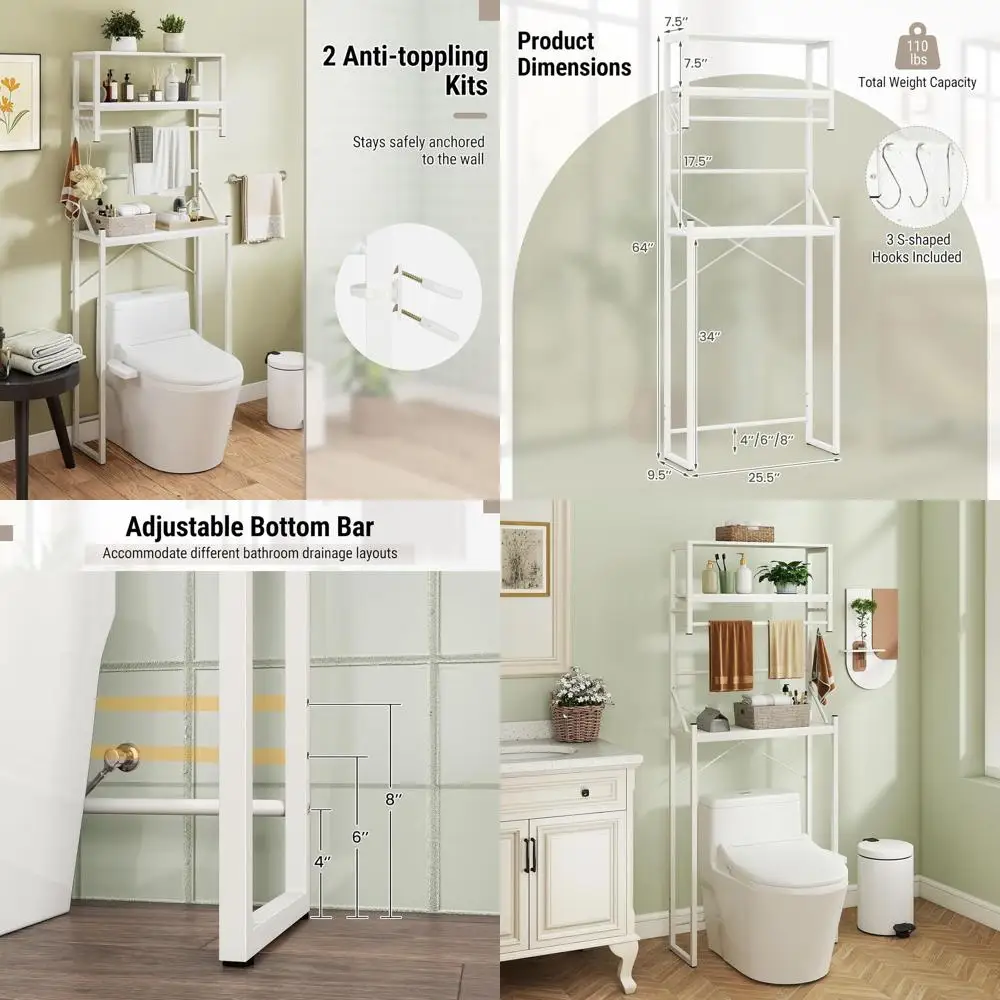 

Over-The-Toilet 3-Tier Storage Organizer with Hanging Bar and S-Hooks, 64 Tall, White