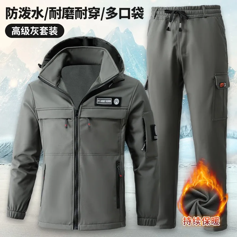 Men Fleece Lined Workwear Set Windproof Water Resistant Wear Resistant Outdoor Sports Jacket And Cargo Pants Suit