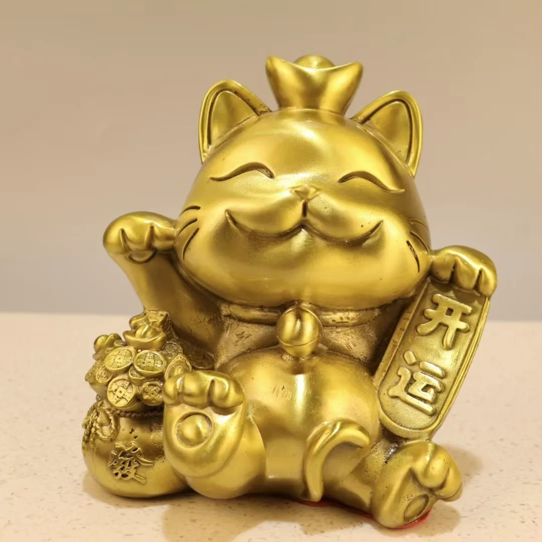 Vintage Bronze Tone Lucky Maneki Neko Ornament Fortune Cat With Ingot Coin Bag Home Store Wealth Desktop Decor Craft