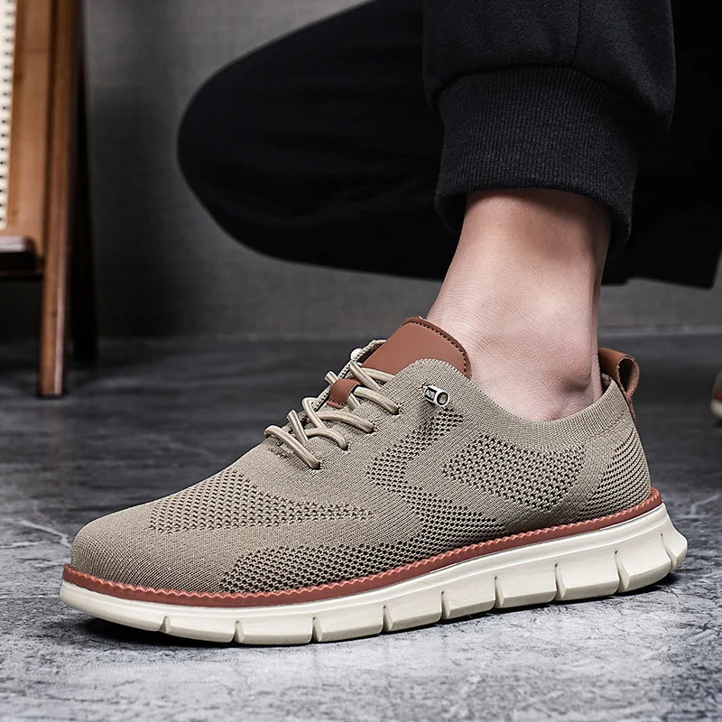 Men Breathable Mesh Casual Shoes 2026 Lightweight Lace-Up Business Loafers Comfortable Large Size Flying Woven Sneakers
