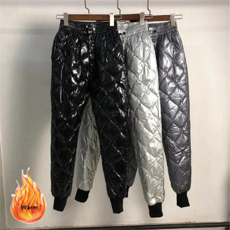 

Women Glossy Diamond Down Pant 2023 Winter Fashion High Waist Harem Trousers Plus Size Warm Padded Quilted Pantalones Windproof