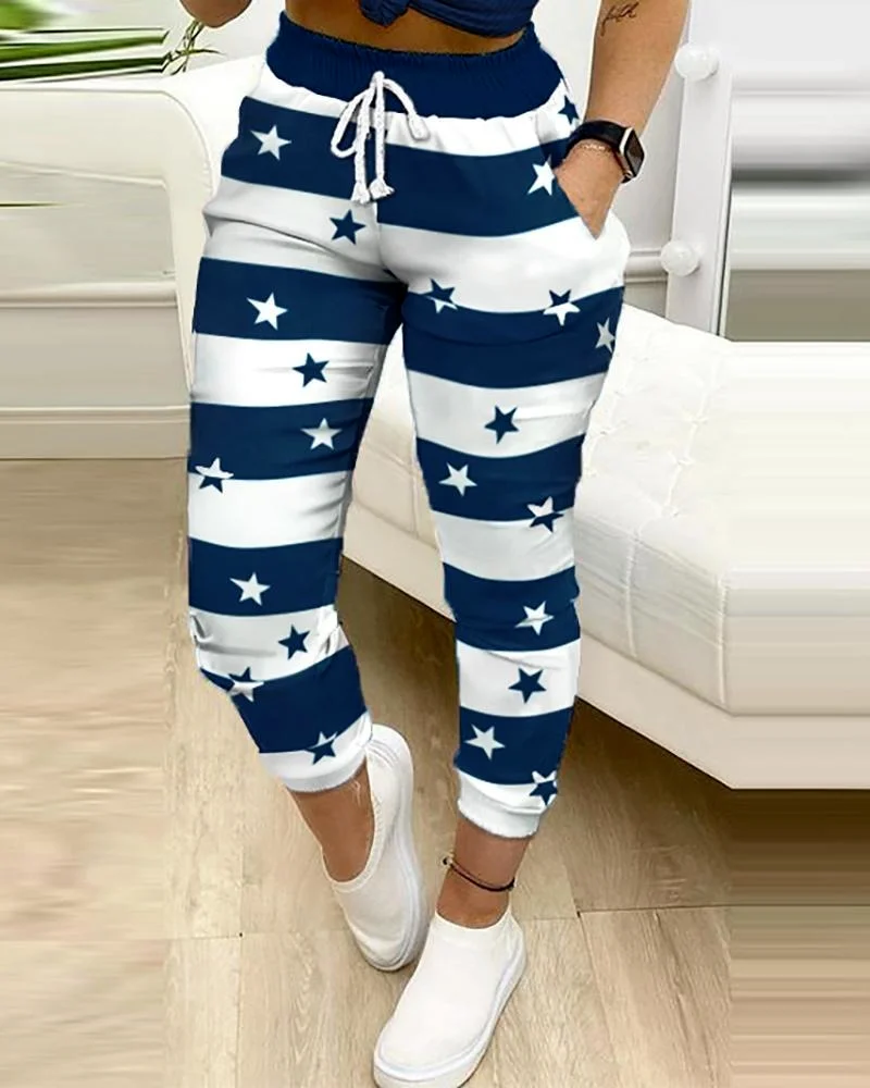 Autumn Fashion Pocket Design Fashion Casual Pant Women Colorblock Star Print Cargo Pants Trousers Drawstring Casual Streetwears