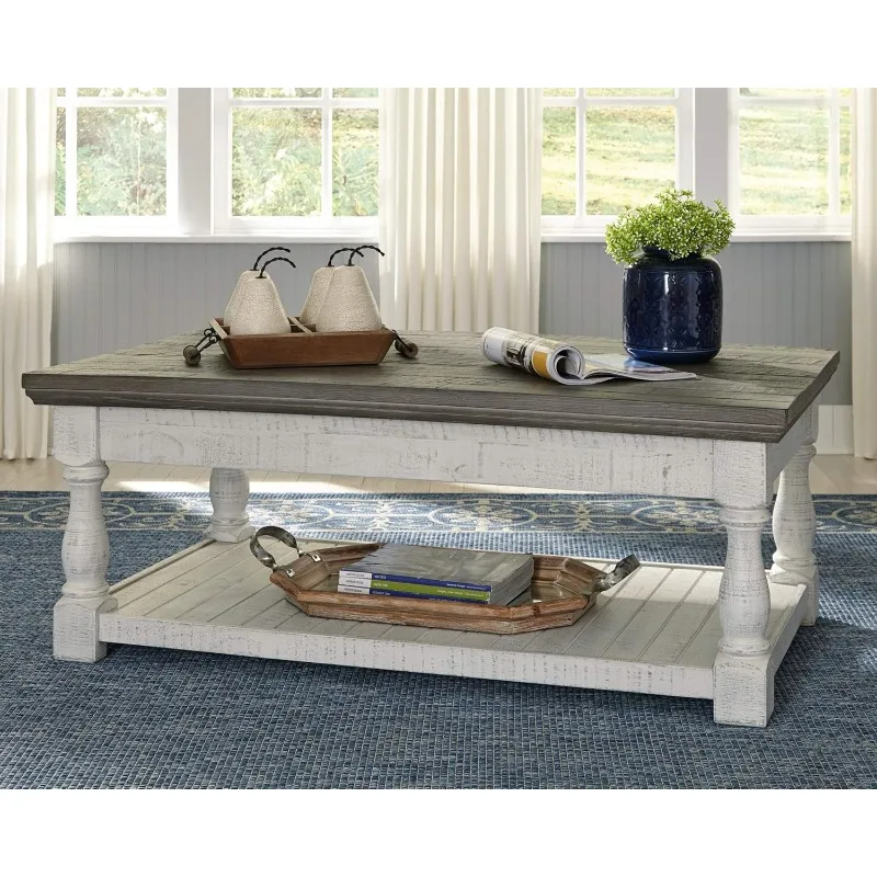 Farmhouse Lift-Up Coffee Table with Fixed Shelves and Hidden Storage Tray in Weathered Finish coffee tables