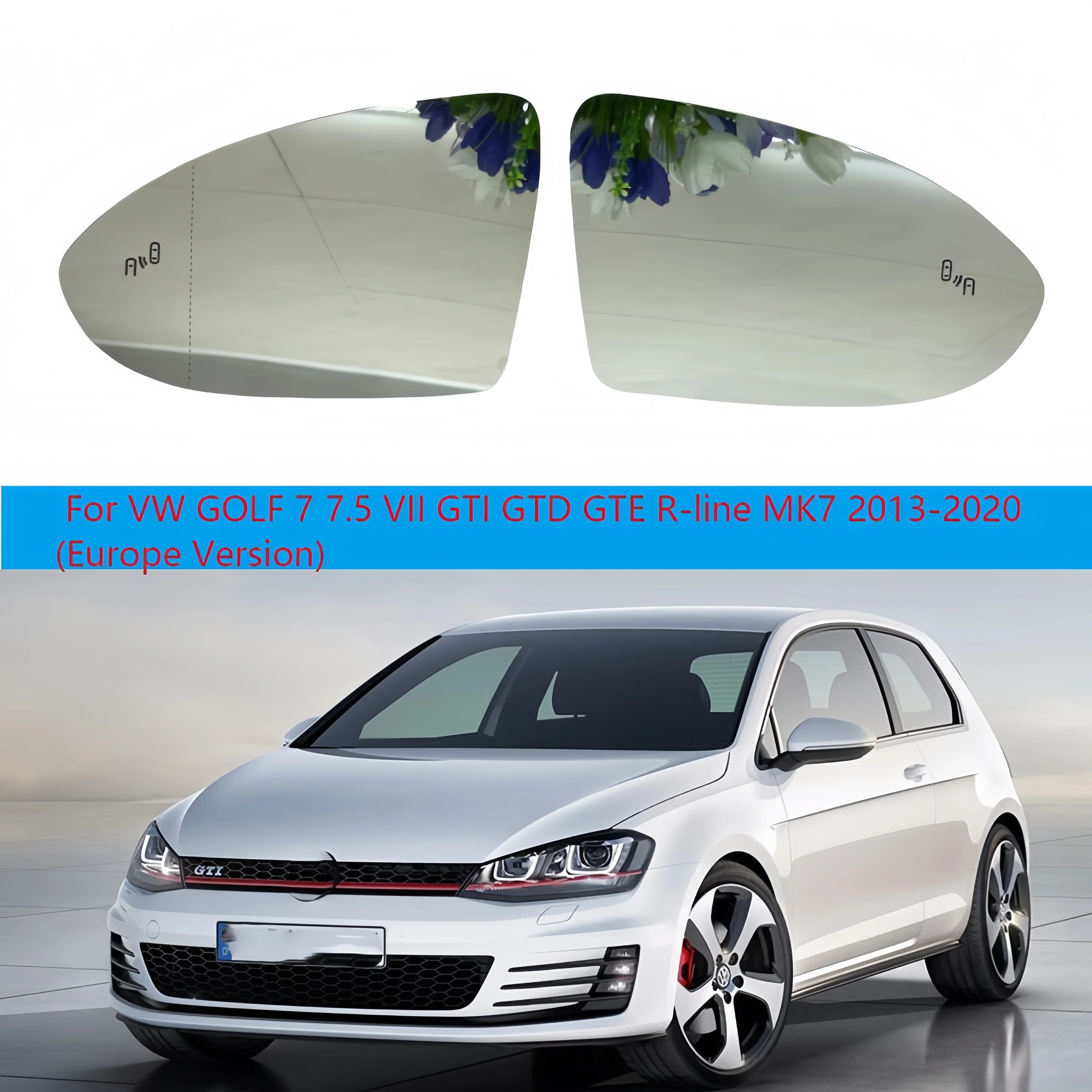For VW GOLF 7 7.5 VII GTI GTD GTE R-line MK7 2013-2020 (Europe Version) Auto Heated Blind Spot Warning Wing Rear Mirror Glass