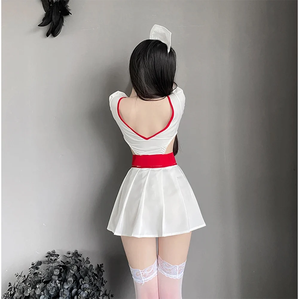 Sexy Cosplay Outfits Bodysuit with Mini Skirt Nurse Passion Uniform Crotch Opening Temptation V Neck Hot Lingerie Pajamas