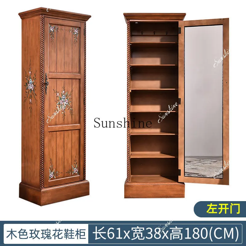 Solid wood American style entrance hall entrance balcony storage wardrobe with mirror narrow high cabinet with door FT