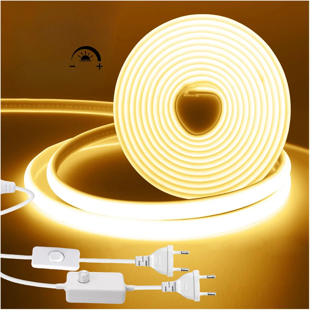 220V Dimmbare COB LED Neon Streifen Licht Dimmer Schalter Power Kit 288LEDs Flexible Lampe IP67 3000K 4000K 6000K RA90 Linear Beleuchtung
