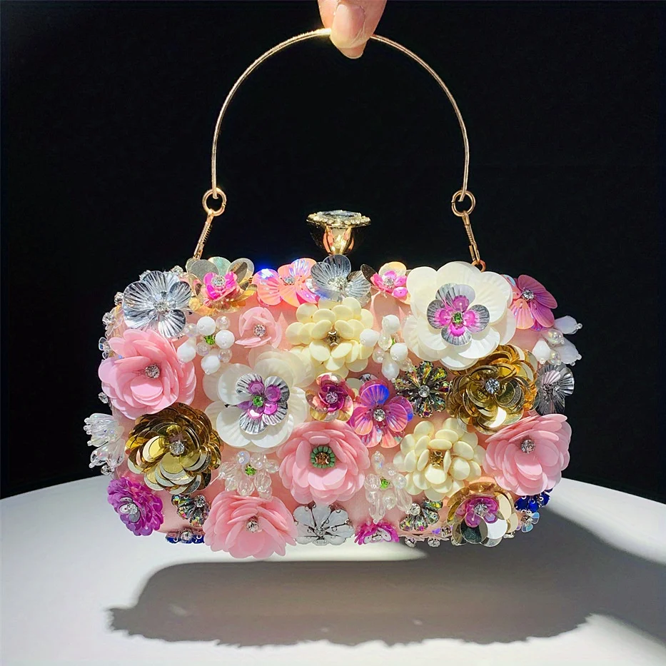 3D Beaded Flower Evening Bag, Elegant Box Clutch Purse, Women\'s Wedding Handbags For Party Prom