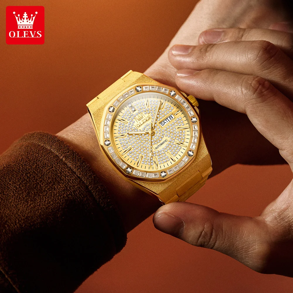 OLEVS 9803 ساعة ميكانيكية رجالية فاخرة ساعة أوتوماتيكية للرجال الفولاذ المقاوم للصدأ مقاوم للماء التقويم الماس ساعة رجالية Reloj Hombre