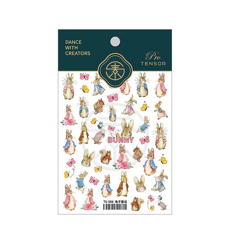 1 Sheet 5D Realistic Lovely Cartoon Bunny Rabbit Fairy Tale Butterfly Bear Adhesive Nail Art Stickers Decals Manicure Charms