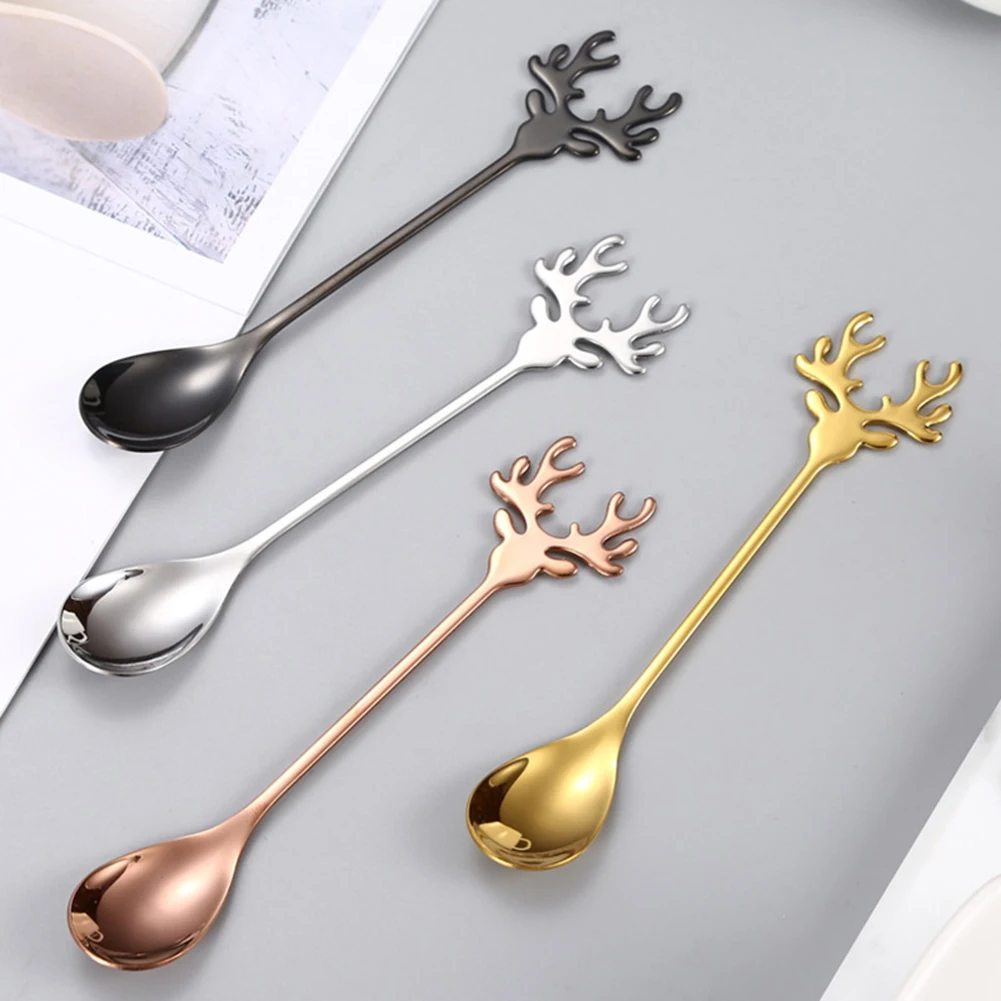 Sendok kopi Stainless Steel 14*2.4CM, sendok kopi kepala rusa, emas mawar, 1 buah sendok kopi kualitas tinggi