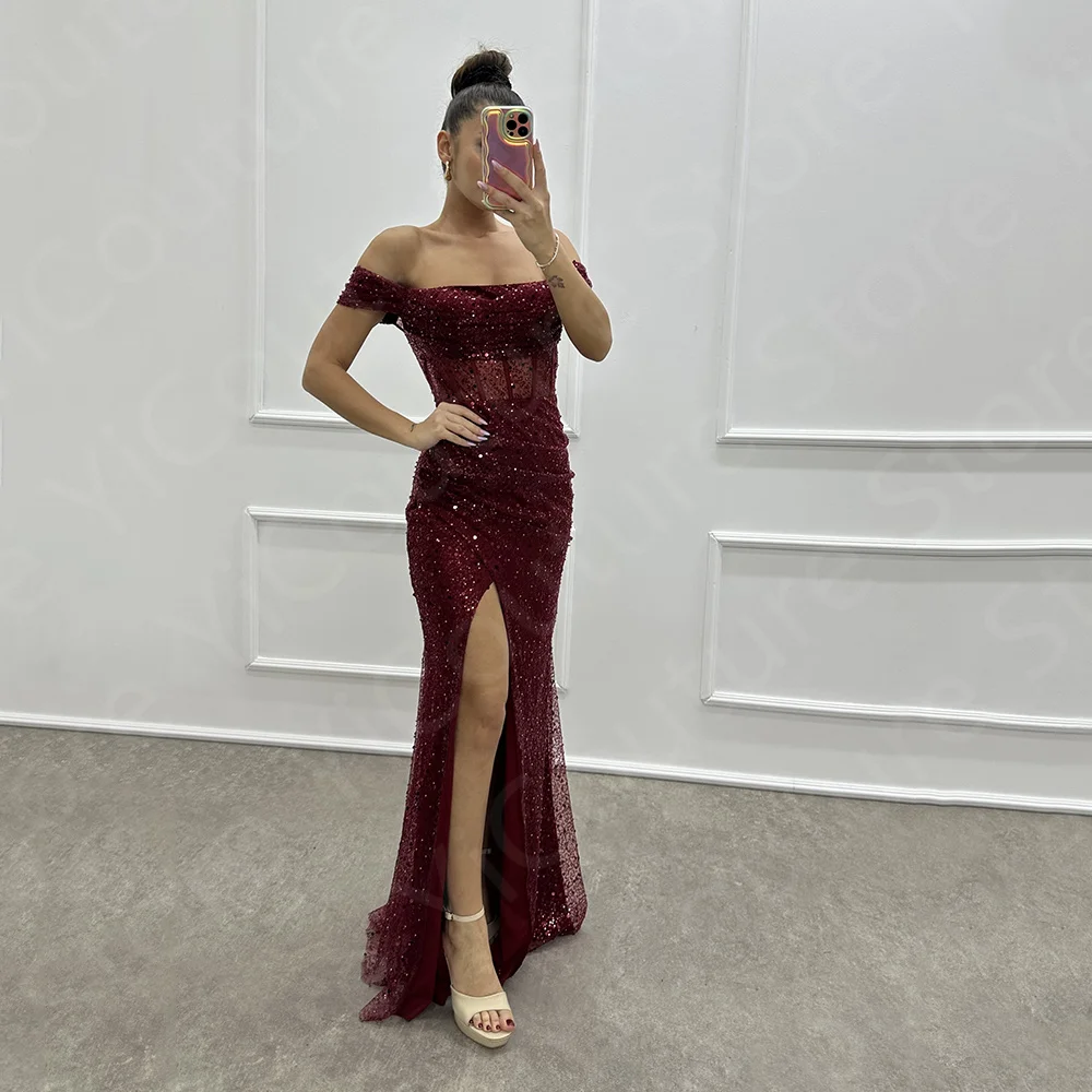 Latest Sequined Evening Dresses Wine Red Thigh Slit Prom Gowns Sparkling Birthday Party Dress Off Shoulder Robe de Soiree 2024