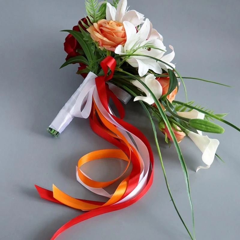 

Искусственная лилия, каскадный свадебный букет с листьями, атласная лента, ручка, водопады, роза, свадебная вечеринка, цветок в