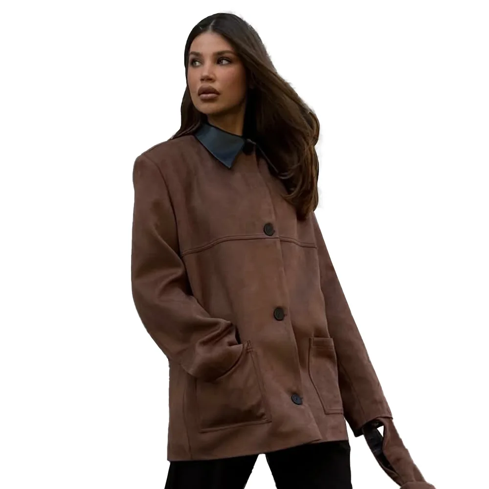 معطف نسائي من جلد الغزال لون الجمل - سترة خريف وشتاء 2025 مع ياقة واقفة سوداء، ملابس خارجية فضفاضة بأكمام طويلة