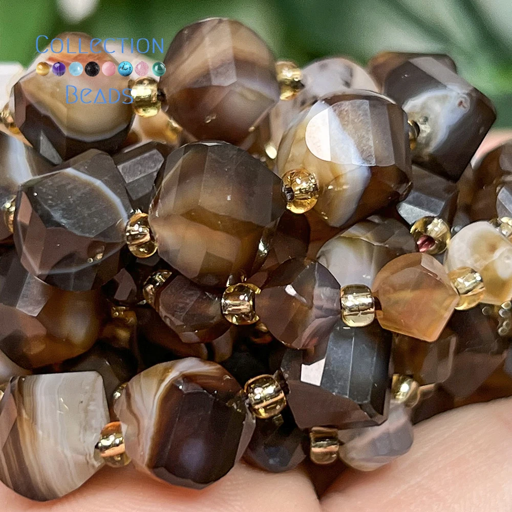 6 8 10mm Natural Stone Beads Faceted Coffee Stripe Agate Round Loose Beads for Jewelry Making Diy Beading Accessory 7inches