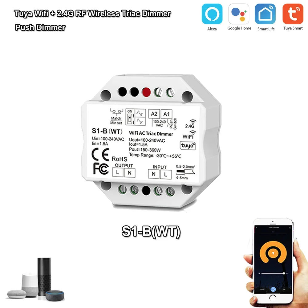 Tuya WIFI S1-B (WT) AC110V-220V Triac LED Wireless RF Dimmer Panel Switch 2.4G Wireless Dimming Remote Controller for Alexa Echo