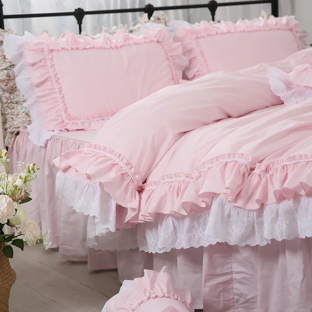 Amazing luxury bedding set pink queen size embroidery ruffle lace double duvet cover bedskirt princess Warm pillow case HM-17P