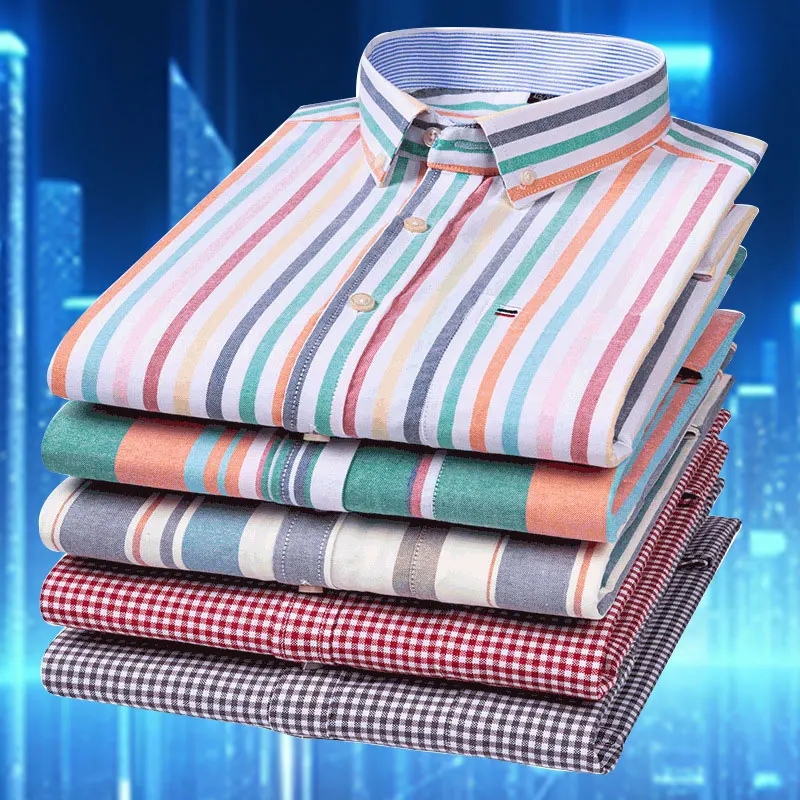 7XL 100% pure cotton men's shirt long sleeve Oxford fabric high-quality stripe check free ironing large size breathable slim