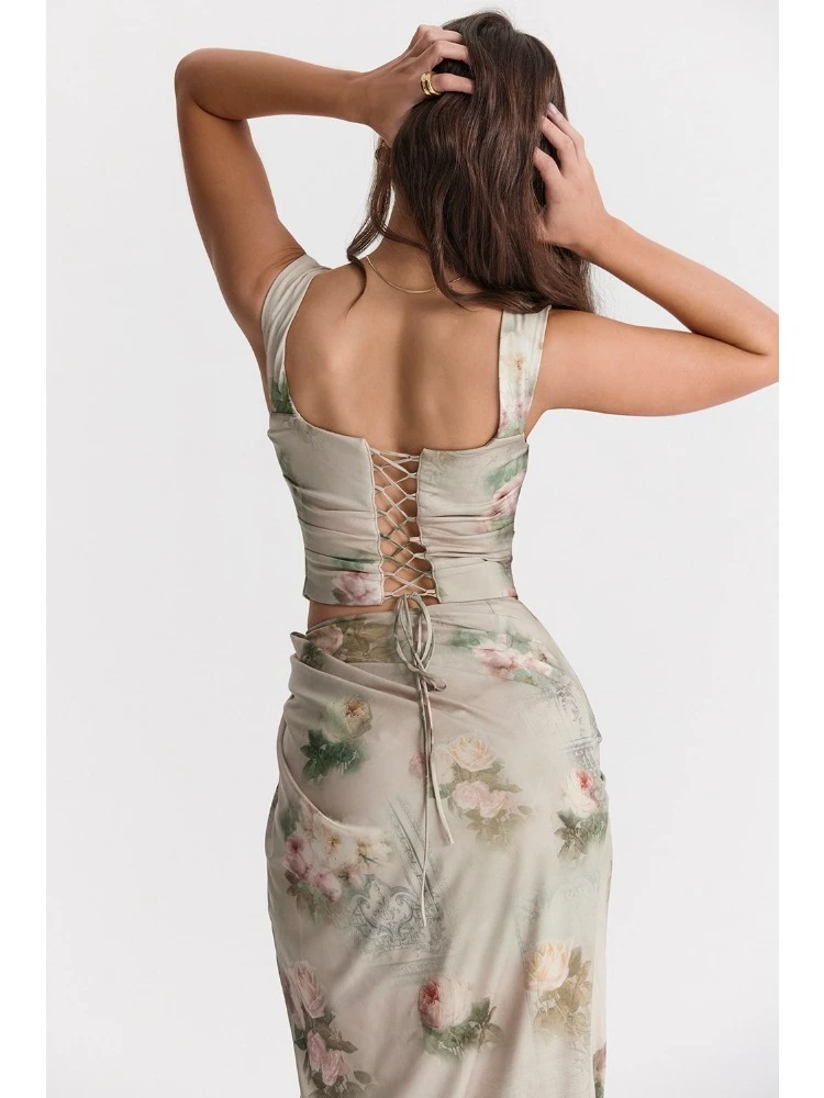 Sexy French Style Tied Top with Tight Chest and Waist Design, High Slit Dinner Party Dress, Club Party Long Dress, Two-piece Set