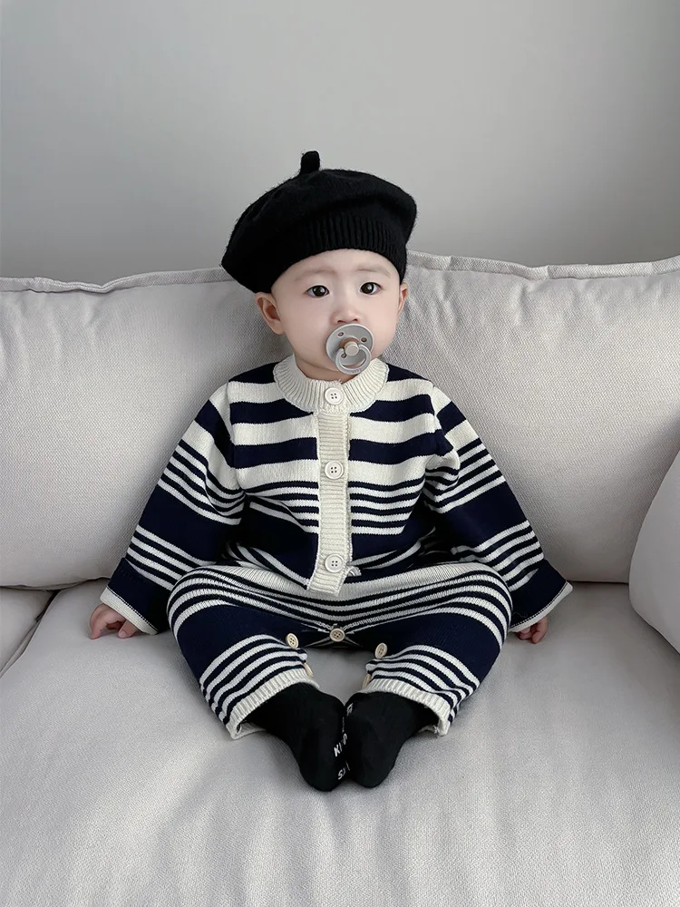 Spring Newborn Infant Baby Boys And Girls Baby Knitted Romper O-neck Long-sleeved Striped Kids Soft Baby Clothing