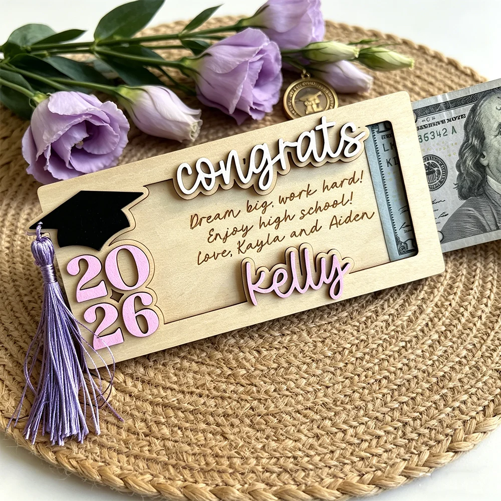 

Wooden Congrats Grad Card Holder Custom Graduation Year Name Message Keepsake Grad CapTassel Gift High School College Graduation