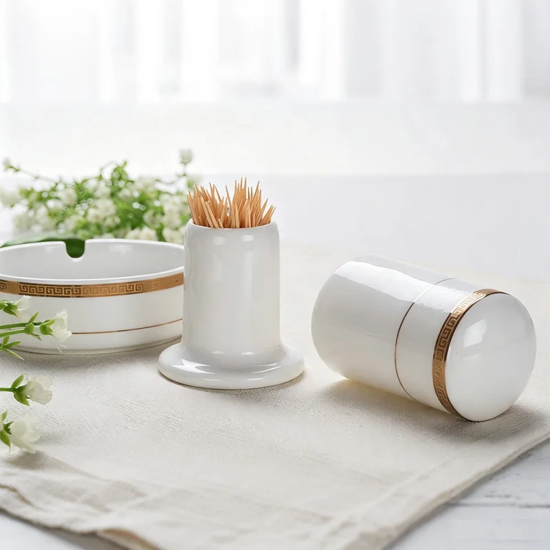 Golden bander bone china ashtray, quality ceramic ash tray,  toothpick box, quality ceramic toothpick holder,  toothpicks tube