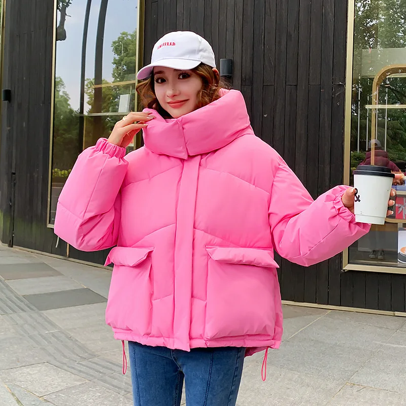 Short Parkas Coats Women Solid Jackets Drawstring Hooded Zipper Pocket Long Sleeves Thick Loose Office Lady Casual 2025 Winter