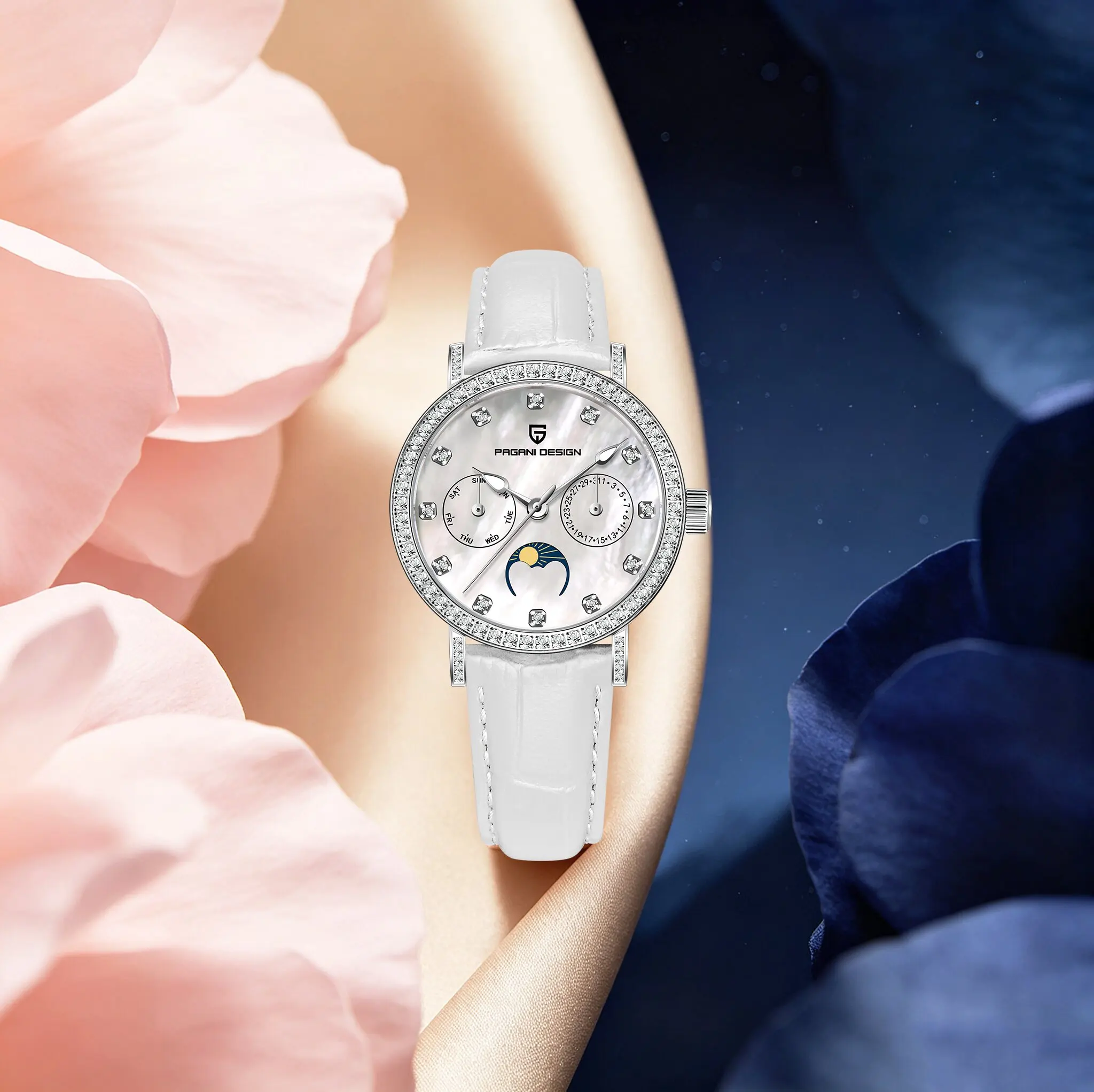 PAGANI DESIGN Elegant Socialite Ladies Quartz Watch Moon Phase Week/Date Display Diamond Bezel Leather Luxury Women Dress Watch