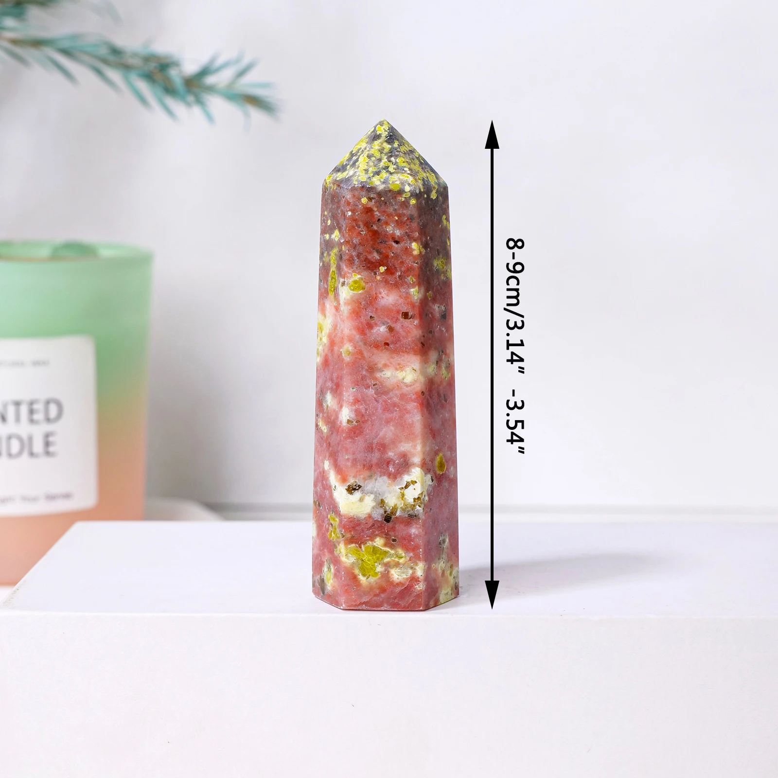 1PC Natural Crystal Peach Blossom Tourmaline Point Wand Healing Gemstone Peach Blossom Stone Column Quartz Tower Home Decoration