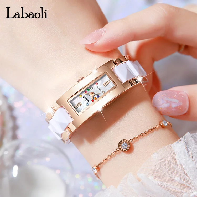 Women Quartz Watch Luxury Rectangle Clock Rose Gold Sliver White Ceramic Orologio Colorful Diamond New Reloj Ladies Wristwatch