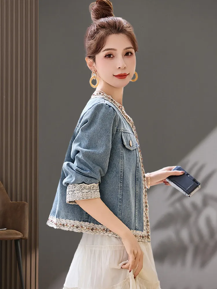 Blue Lace Short Denim Jacket Women's 2026 New Style Spring Autumn Unique Anti-Aging Small Size Super Popular Commute Style