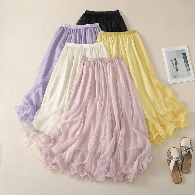 Women Chiffon Maxi Skirt 2026 Summer New High Waist Flowy Big Swing A-Line Long Skirt Solid Color Casual Beach Skirts