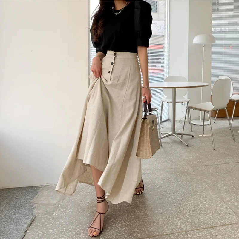 

Spring Summer Women High Waist Big Swing Split Skirts Korean Cotton Line Long Skirts New Female Vintage Irregular Skirt Harajuku