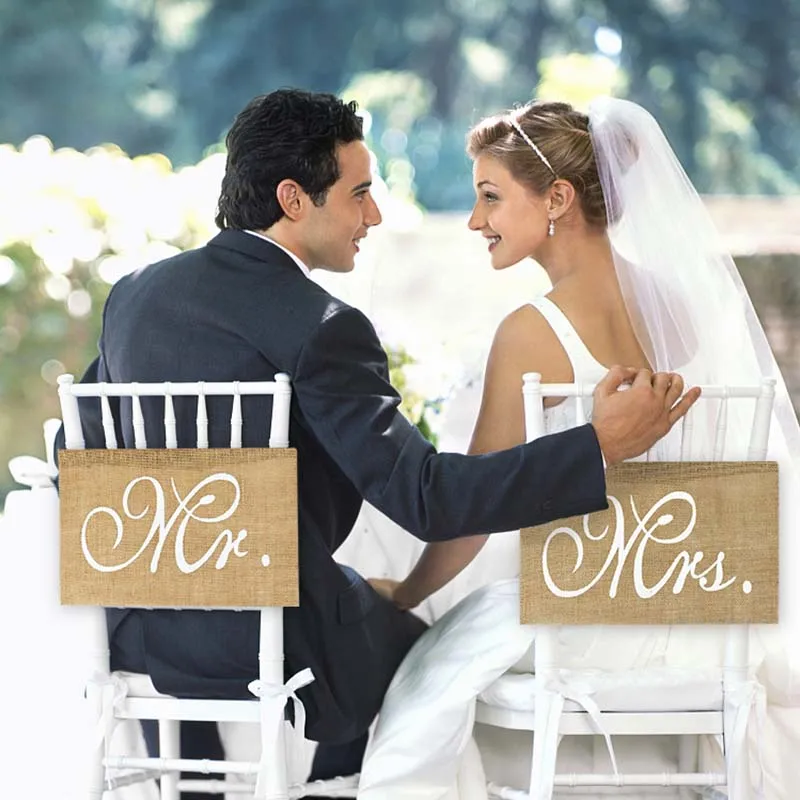 2Pcs/set Mr Mrs Burlap Jute Chair Banner Romantic Hanging Chair Sign Flag Rustic Wedding Party Banquet Decoration Photo Props