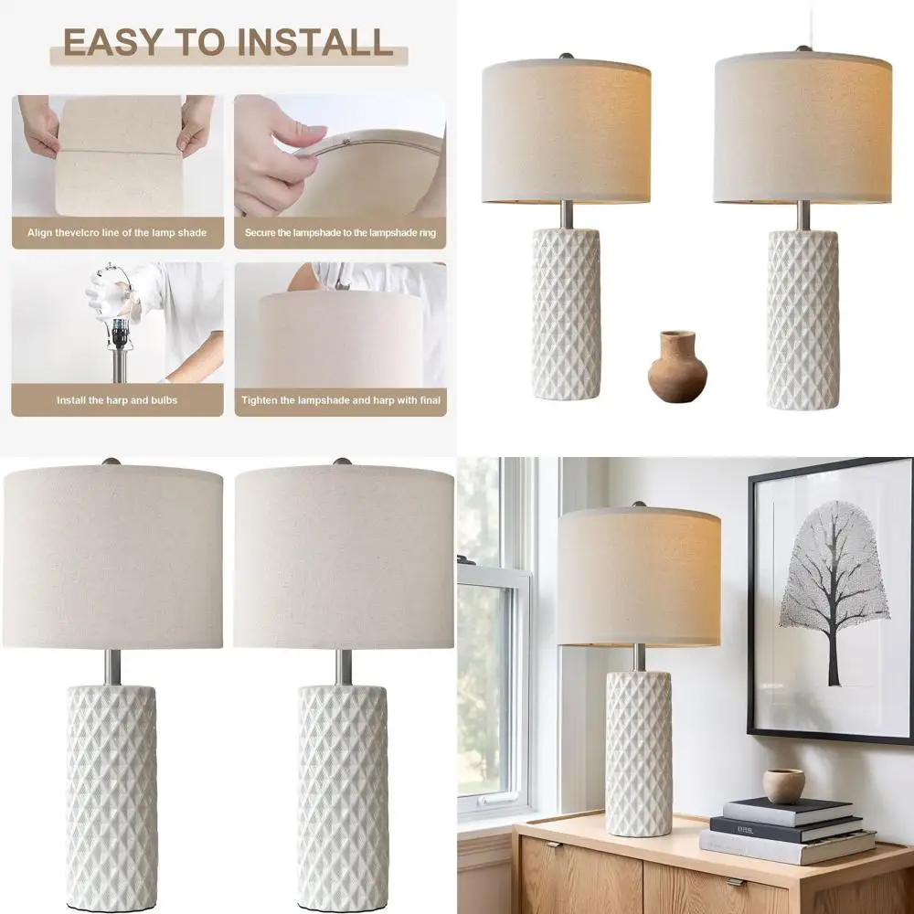 

Pair of 26 Vintage White Modern Ceramic Table Lamps for Living Room, Bedroom Nightstands, and End Tables