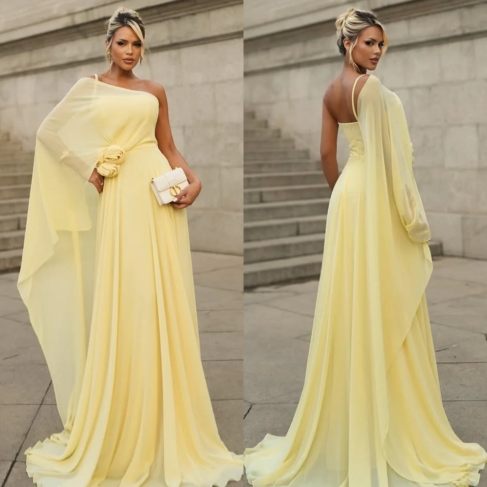 Vestidos largos clásicos personalizados de gasa drapeados con pliegues hechos a mano y flores, vestidos largos de un solo hombro, vestidos para ocasiones a medida, sencillos y elegantes