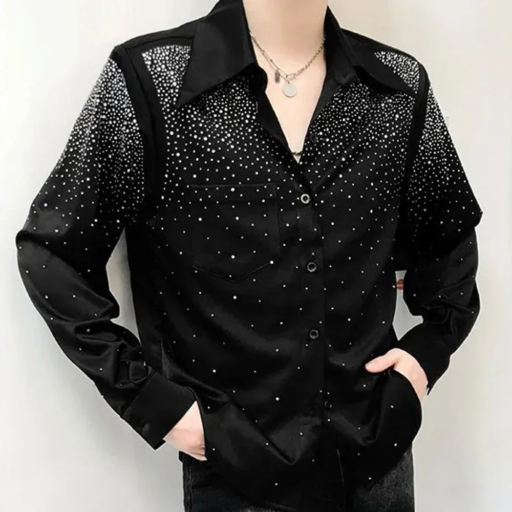 Homens sexy diamante ombro almofada camisa outono genderless moda estilo preguiçoso boate desempenho solto camisa de manga longa unisex