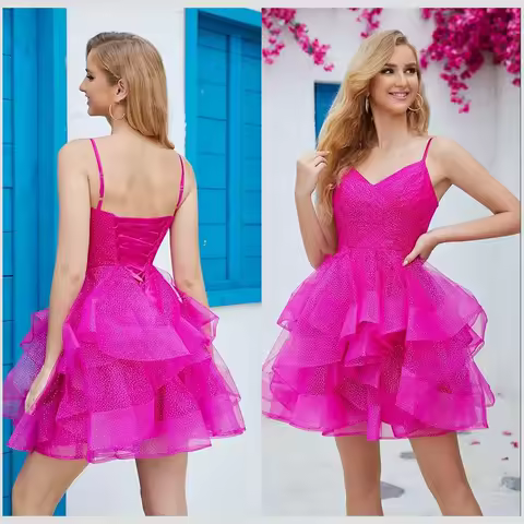 Sparkly Tulle Homecoming Dresses For Teens Spaghetti Strap Tiered Short Prom Dress V Neck Cocktail Party Gown Evening Dress 2026
