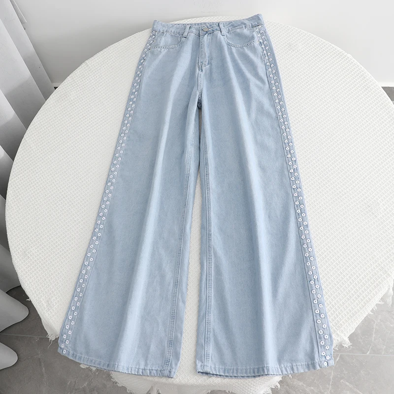 

Casual Versatile High Waist Slimming Embroidered Straight Leg Jeans Women's Wide Leg Pants Summer New Sle Slim Fit Denim