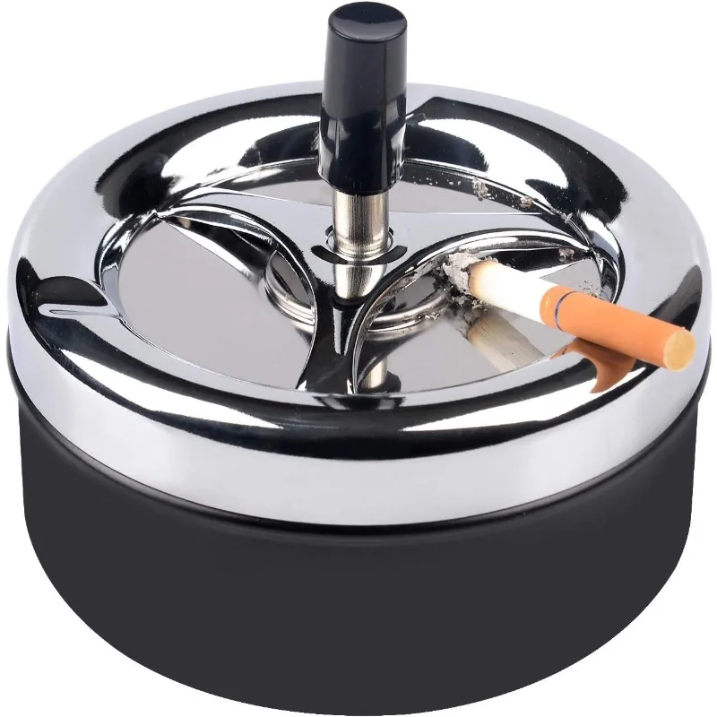 

Smoke accessories Round push down ashtray with rotating tray Windproof metal ashtray Large stainless steel ashtray