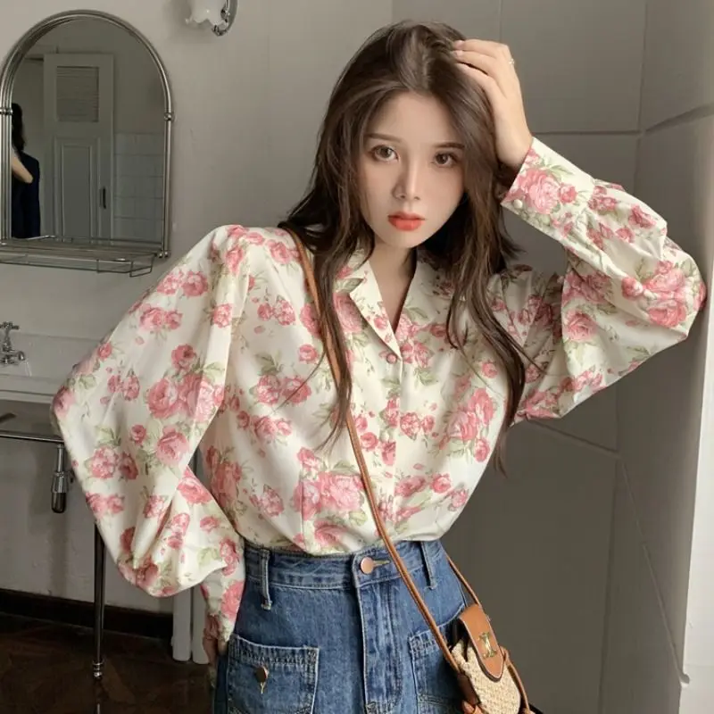 Temperament Button Printing Notched Casual Loose Blouses Spring Summer Thin Graceful Elegant Fashion Korean New Women's Clothing