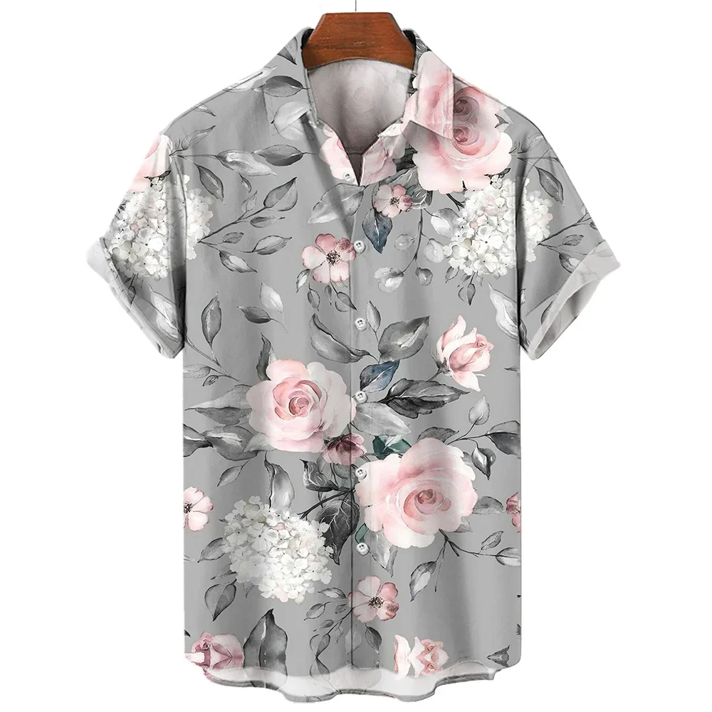 Camisa de manga corta con un aspecto fresco y moderno, nuevo estilo, 2023 El estampado floral 3D le da un efecto de ciudad floreciente. Es un cas