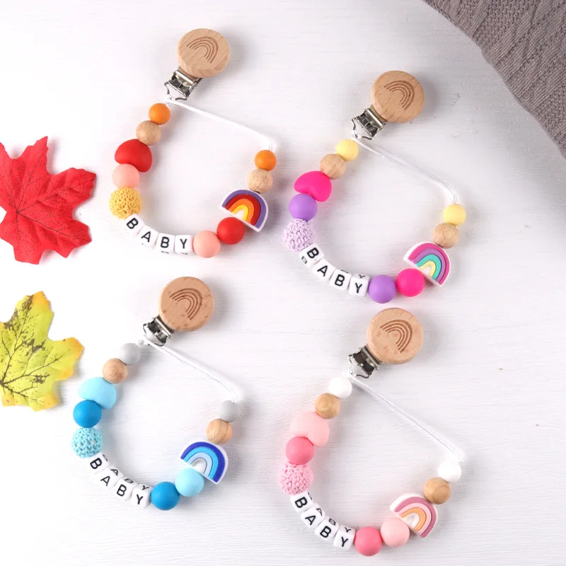 Personalized Name DIY Baby Pacifier Clips Wood Rainbow Dummy Nipples Holder Clip Chain Newborn Teething Toys Feeding Accessories