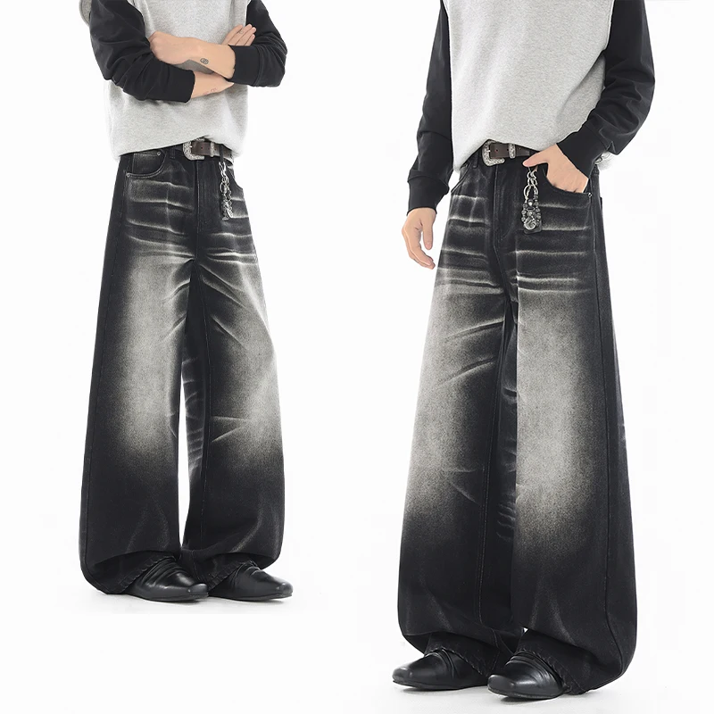 Men Vintage Straight Jeans Loose Wide Leg Denim Pants Fashion Streetwear Casual High Waist Long Trousers For Male