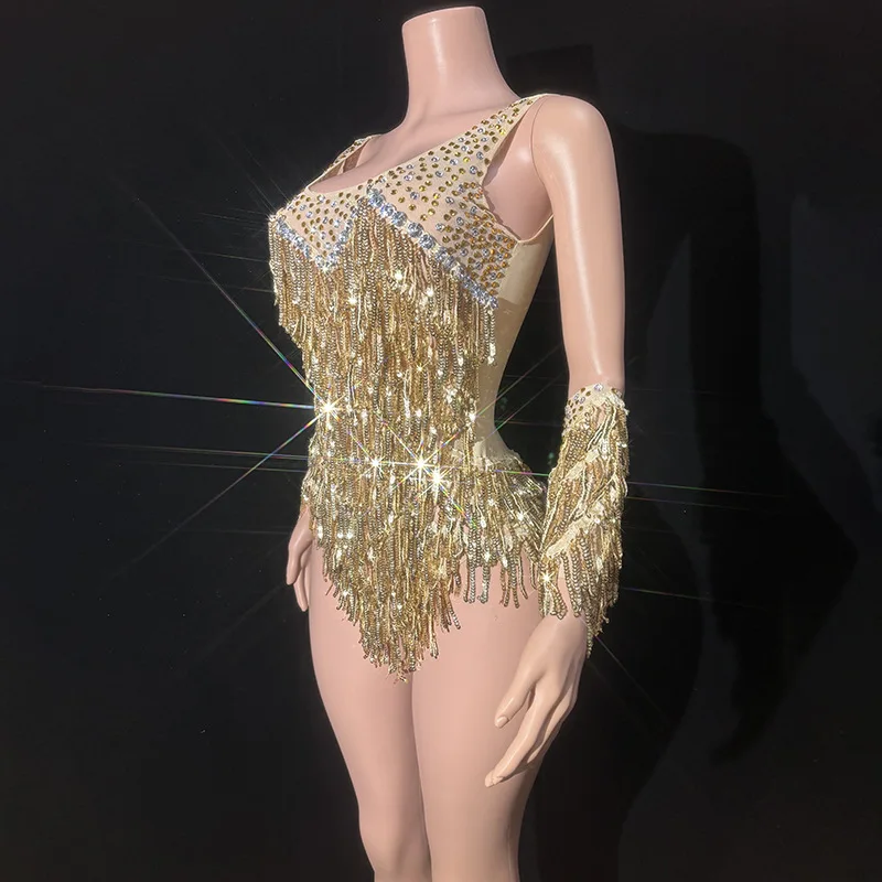 Body dorado con flecos y diamantes de imitación brillantes para mujer, traje de baile de club nocturno, borlas brillantes, ropa de escenario de una pieza, Mangas de vestido de cantante