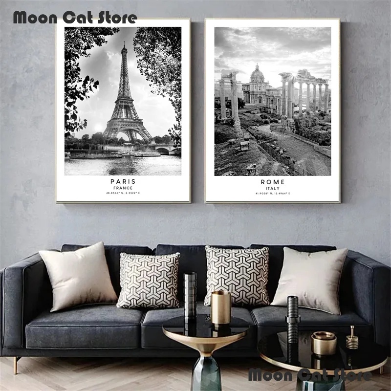 Minimalist Black and White Travel Cities Landmarks Paris London Rome Poster and Prints Wall Art Pictures Home Decor Gift