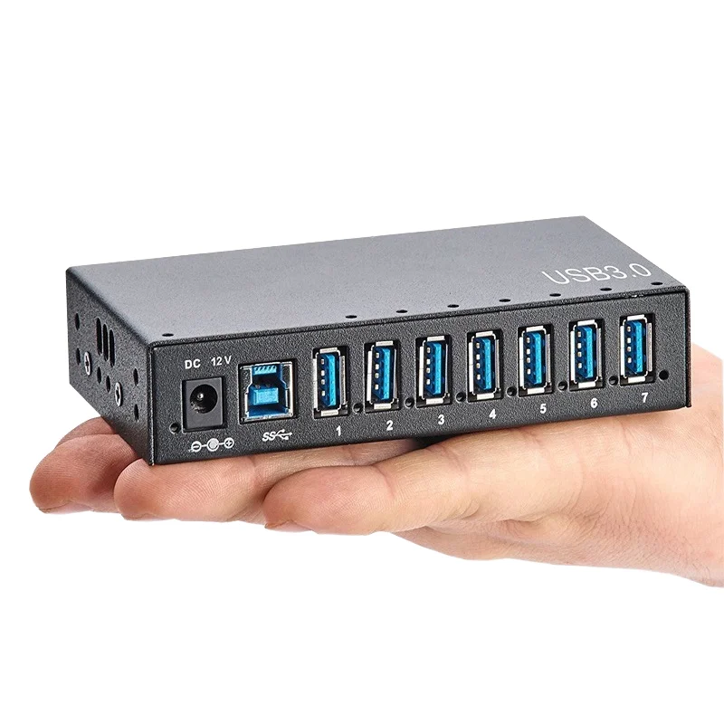A173 7 Ports USB3.0 Metal Industrial Hub 12V 5A USB Splitter Blue LED Light For Notebook Phone Batch Data Transfer